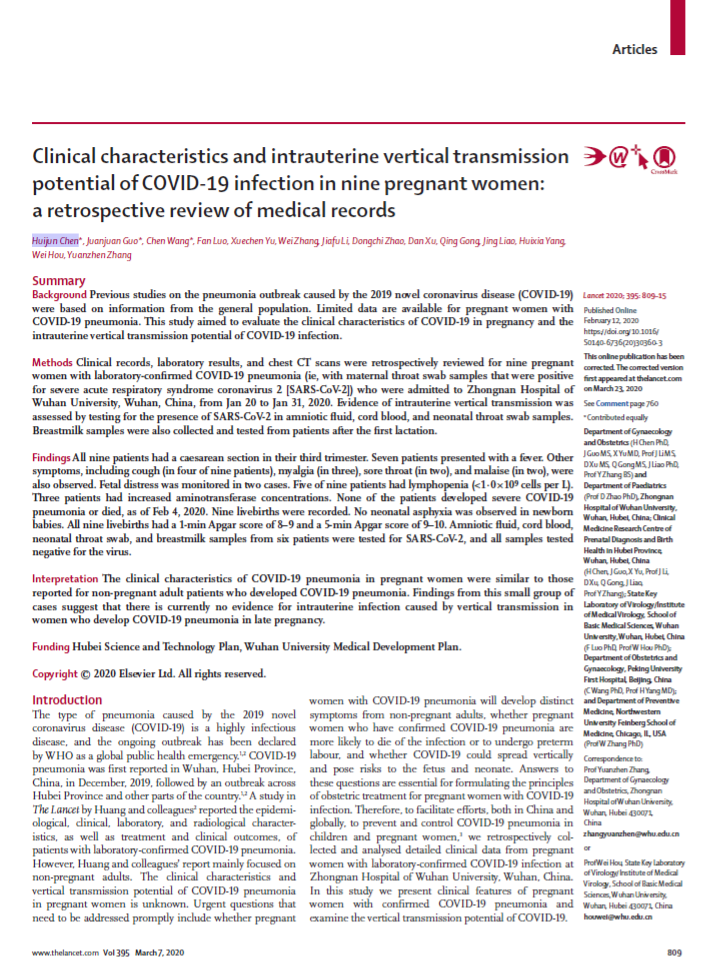Clinical characteristics and intrauterine vertical transmission potential of COVID-19 infection in nine pregnant women: 